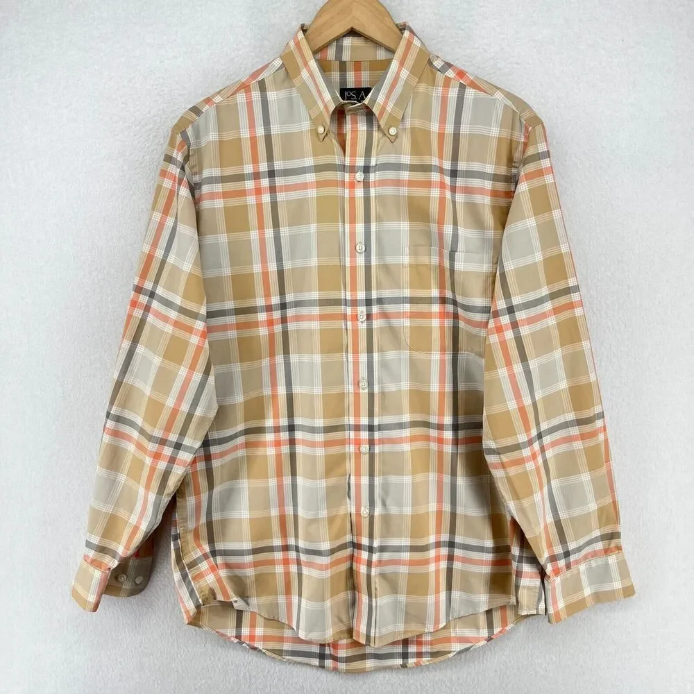 JOS A BANK Shirt Mens M Travelers Collection Button Up Plaid Cotton Woven Beige